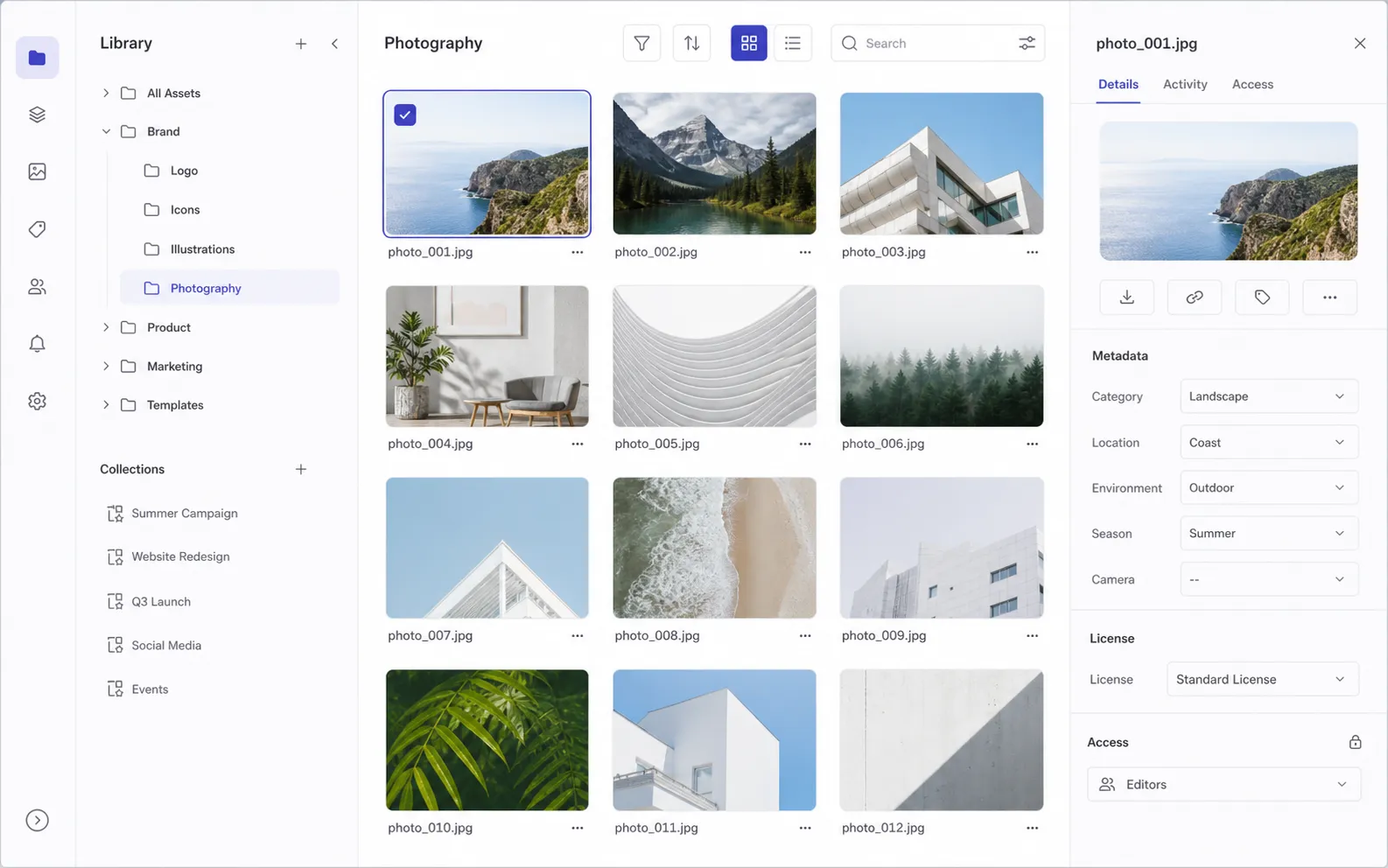 VisioClarity asset management interface with folders, collections, metadata, licenses, and access controls.