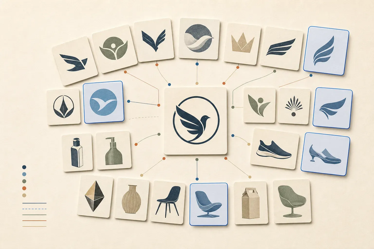 A proposed figurative trademark surrounded by visually related logo, product-shape, and packaging candidates organized for review